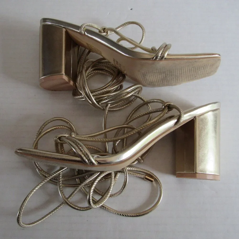 Elisabet Tang Metallic Gold Tie Up Block Heel Open Toe Sandals Size 9.5